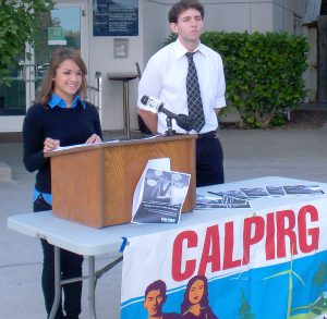 Genevieve Lopez (left) with Dorin Smith with CALPIRG at UCSD press conference on Affordable Education at Mesa College.