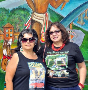 Josephine Talamantez (right)  with Tommie Camarillo of the Chicano Park Steering Committee. Photo by Sande Lollis. 