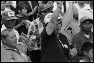 Beatriz Chavez, a farm worker organizer for CIOAC, cheers at the last rally of  Celerino Garcia’s election campaign.  Chavez was later imprisoned for her activity in fighting for the housing rights of farm workers in the San Quintin Valley.  