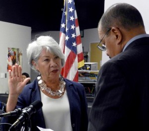 Guadalupe Gonzalez being sworn in by County Superintendent of Schools Dr. Randy Ward.