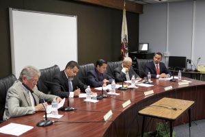 School Board members Steven Kinney, Marcos Diaz, President Antonio Martinez, Rodolfo Linares, and Superintendent  Dr. Julio Fonseca during the discussion on the resolution declaring a local state of emergency.